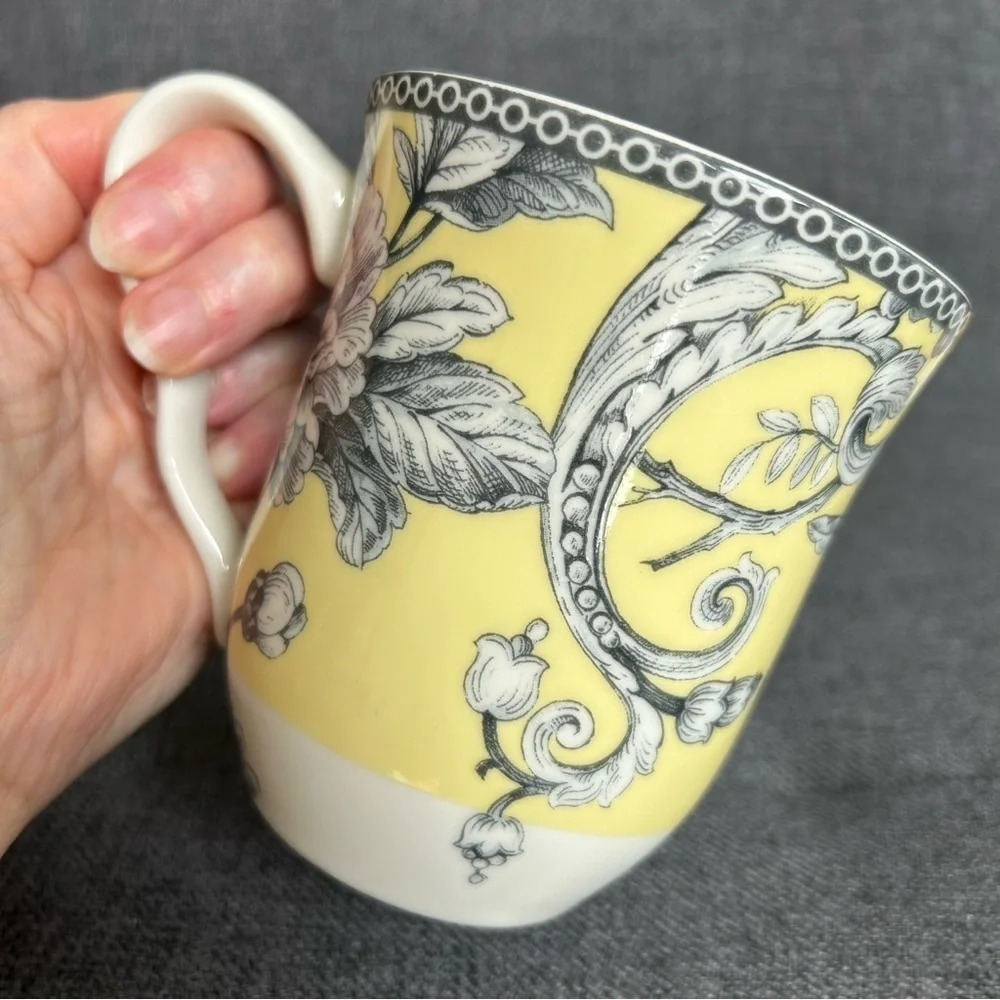 222 FIFTH “Adelaide” Floral and Birds Coffee Mug, Yellow, Gray, 12 oz